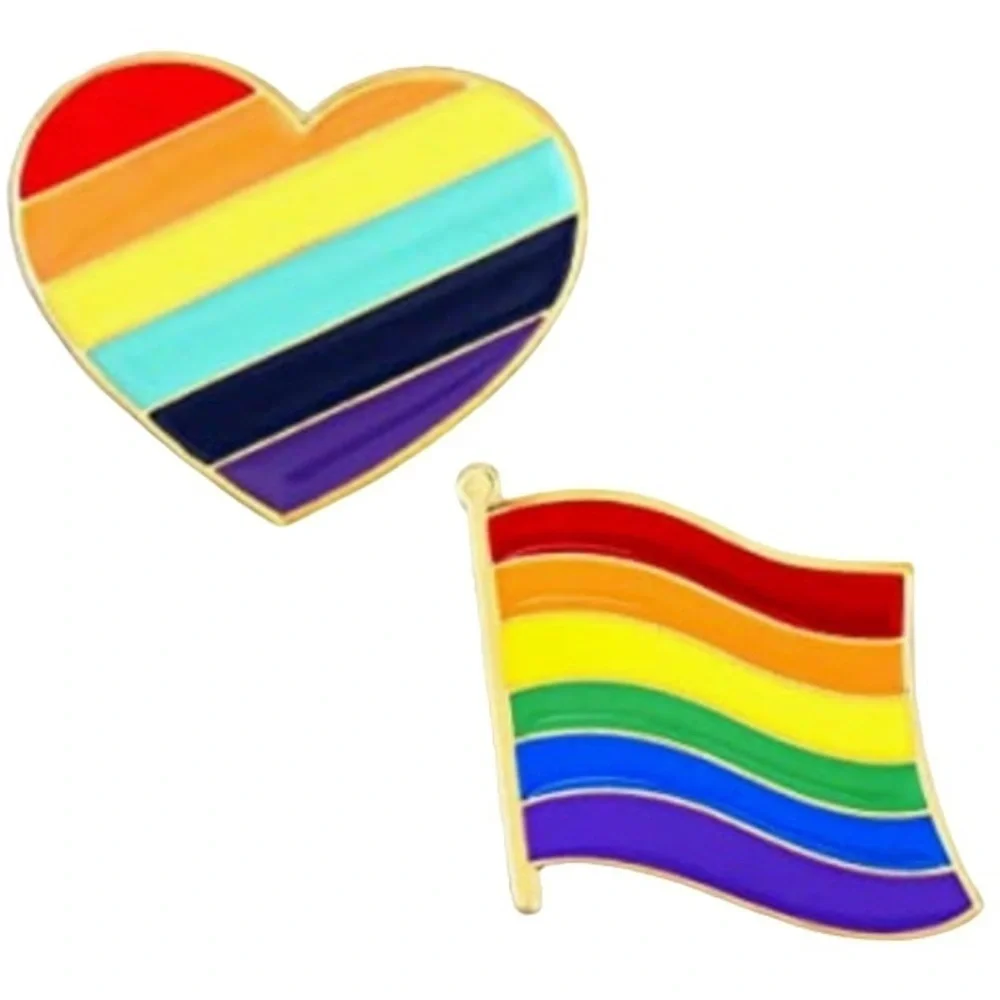 Rainbow Pin Enamel Brooches Heart and Flag LGBTQ Bright Festival Colors 2 Pieces